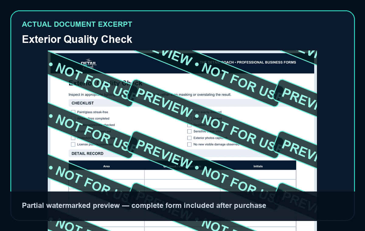 Watermarked partial interior preview of Final Quality Check, Customer Handoff & Aftercare Form: Exterior quality-check excerpt