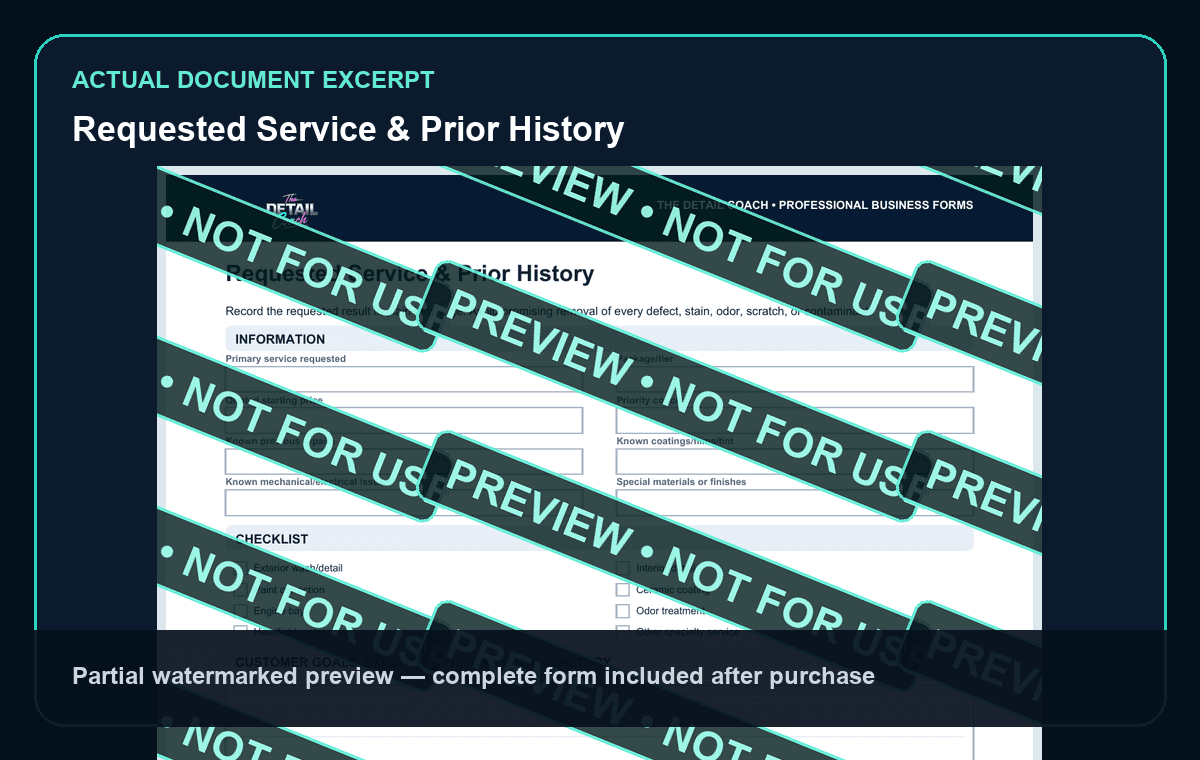 Watermarked partial interior preview of Customer Intake & Vehicle Condition Inspection: Requested service and prior history excerpt