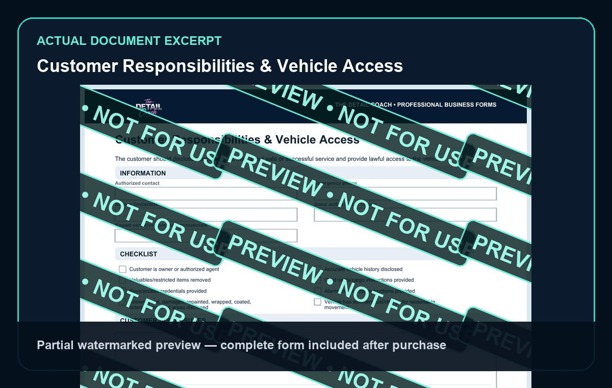 Watermarked partial interior preview of Detailing Service Agreement & Liability Waiver: Customer responsibilities and vehicle access excerpt