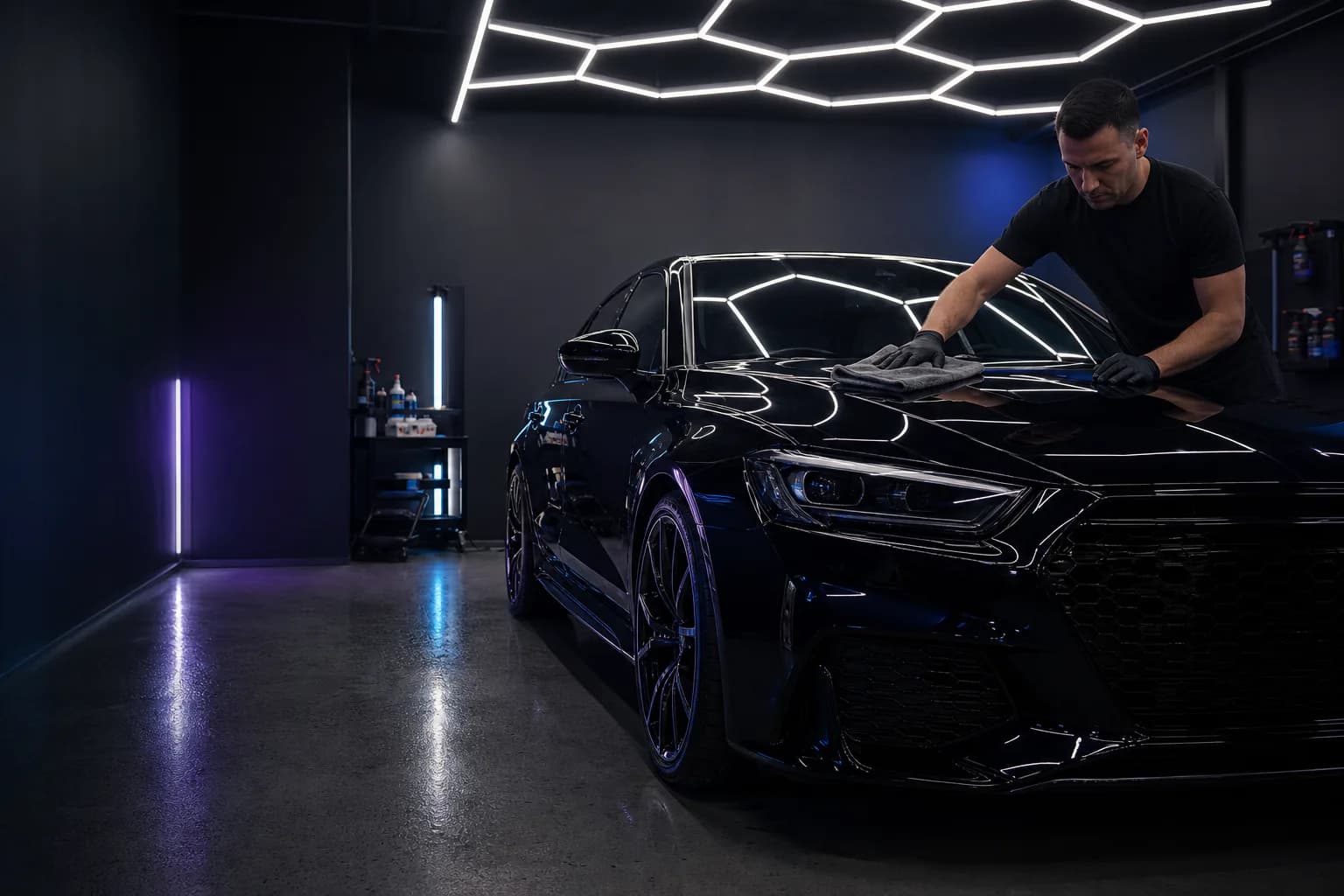 Professional detailer carefully wiping the hood of a black vehicle under studio inspection lights