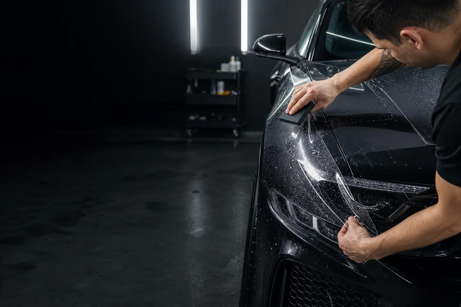 Paint protection film installer squeegeeing clear film across a dark car front fender and hood