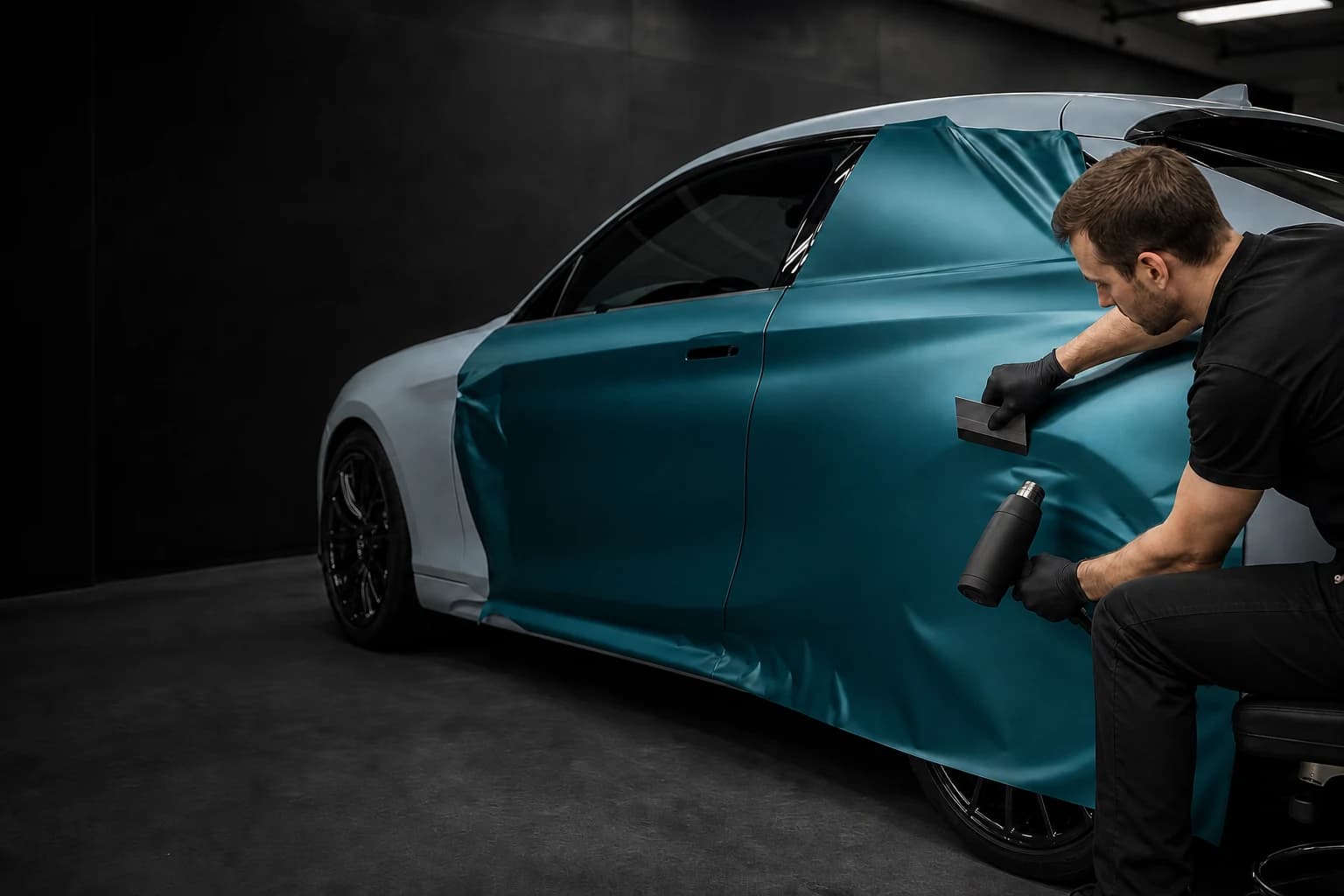 Vehicle wrap installer smoothing satin teal vinyl over a coupe side panel