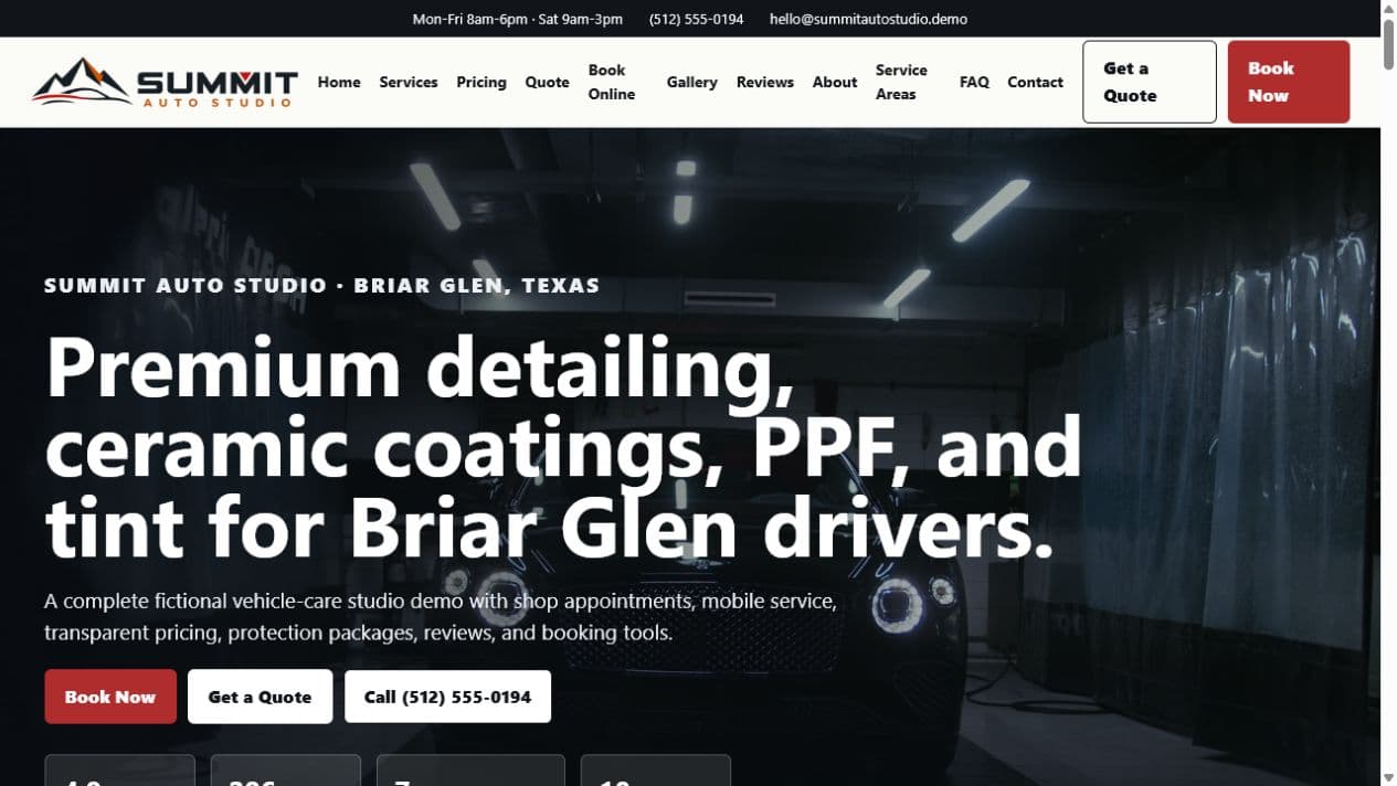Summit Auto Studio automotive website concept shown in a desktop browser