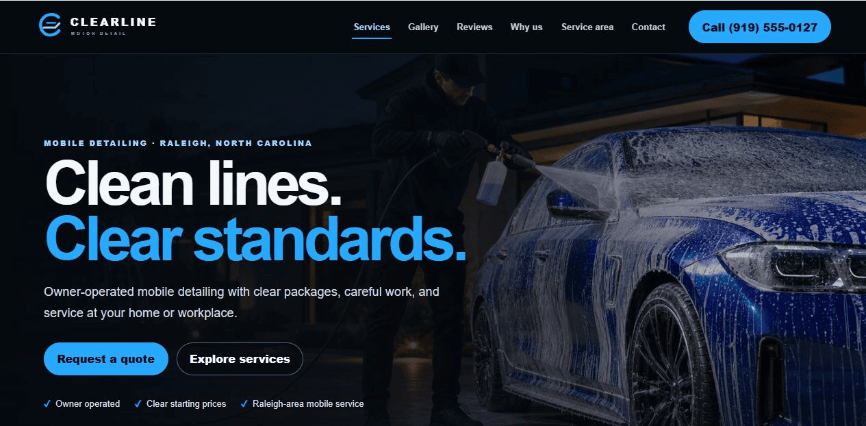 The Detail Debut automotive website concept shown in a desktop browser