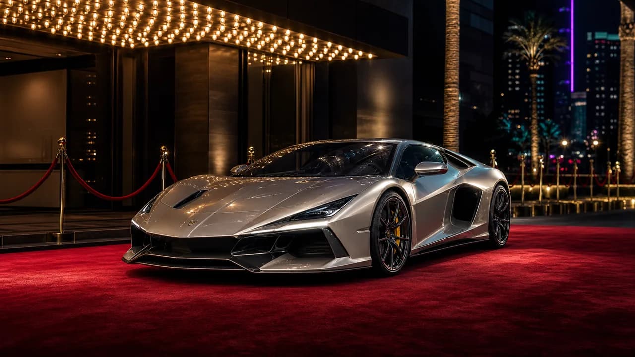 Exotic supercar presented beneath premiere lighting in a luxury nightlife setting