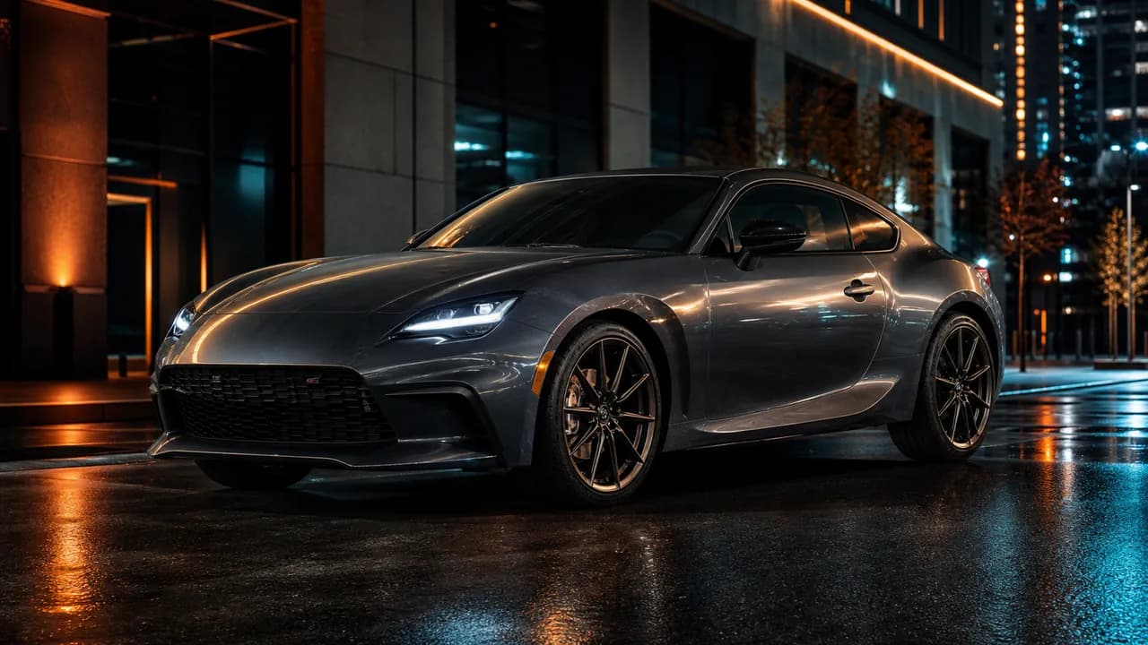 Detailed sports coupe in a modern downtown nighttime setting