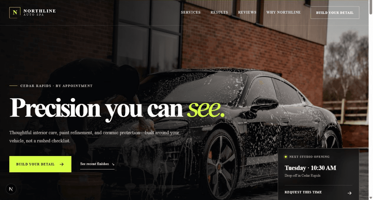 Automotive detailing website concept shown in a desktop browser