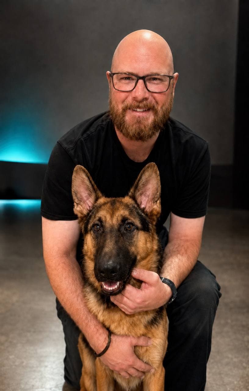 Brent Morrow, founder of The Detail Coach, with his German Shepherd