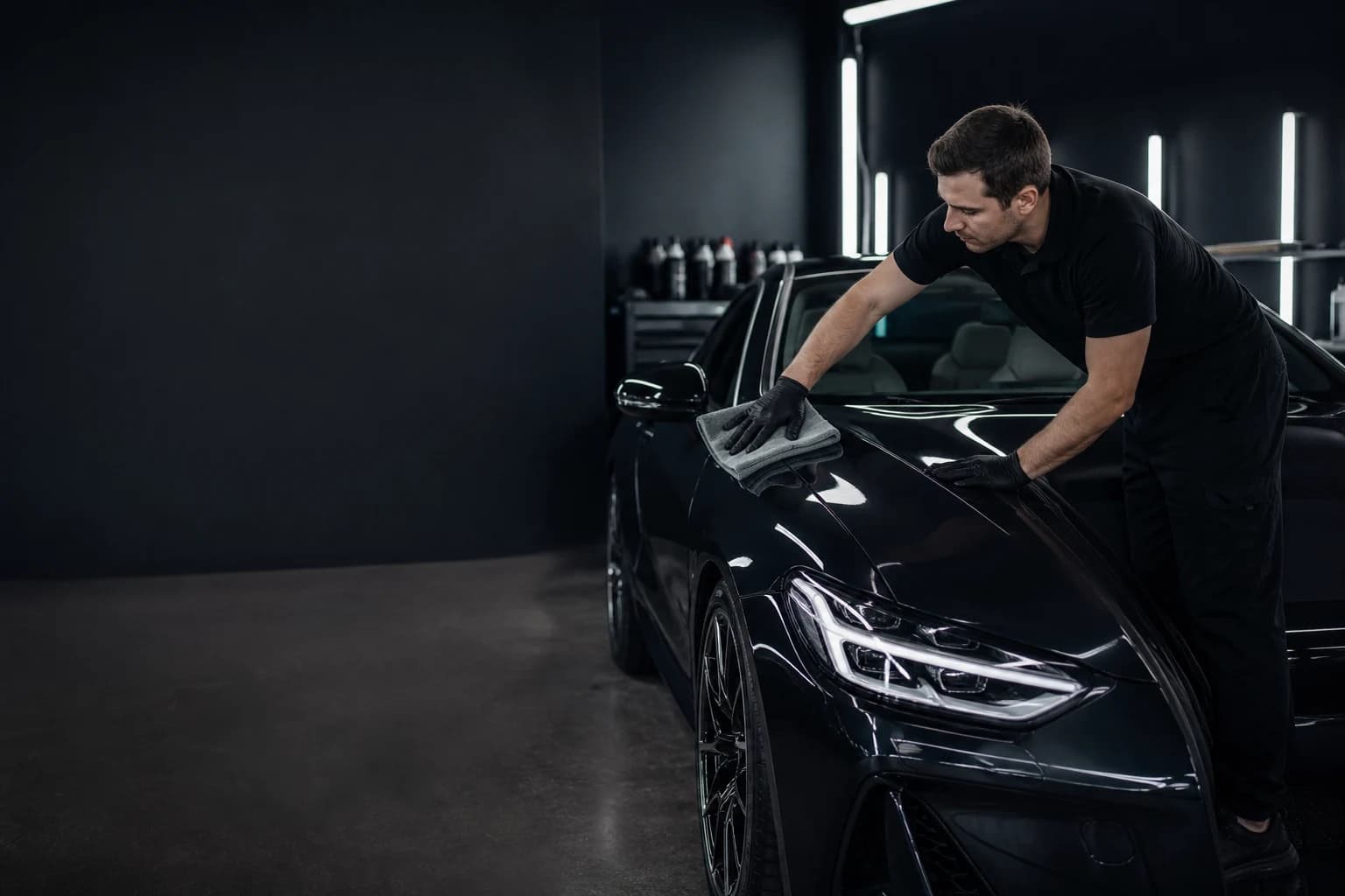 Professional auto detailer wiping the hood of a dark coupe inside a detailing studio