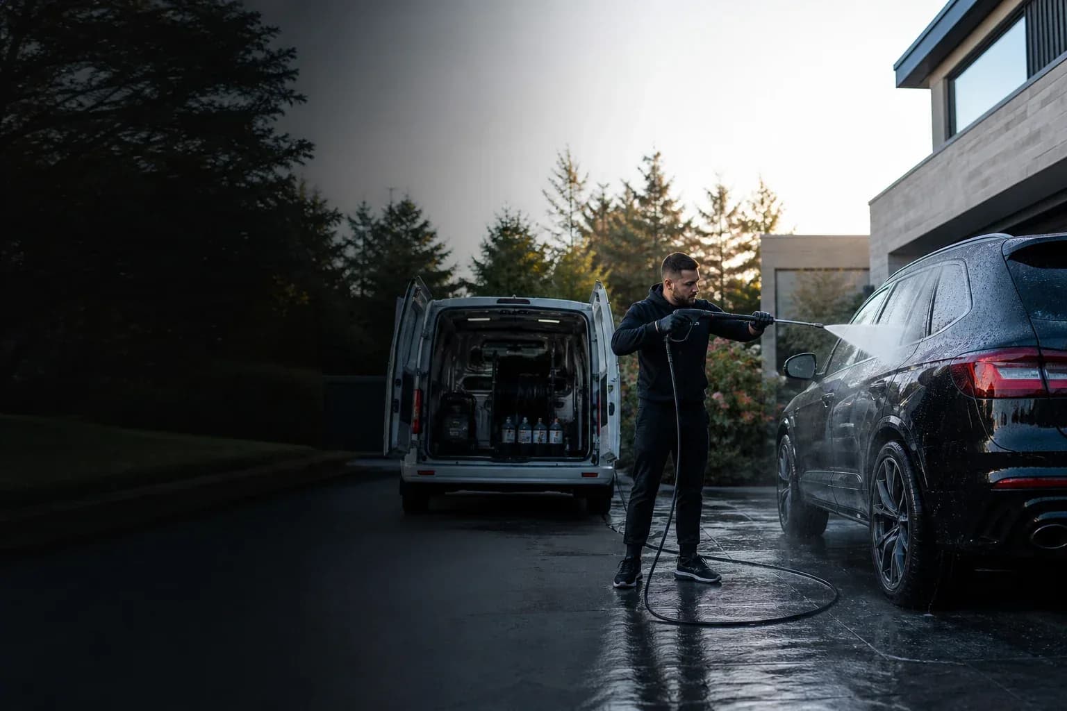 Mobile detailer pressure washing a dark SUV beside an equipped van at a residential driveway