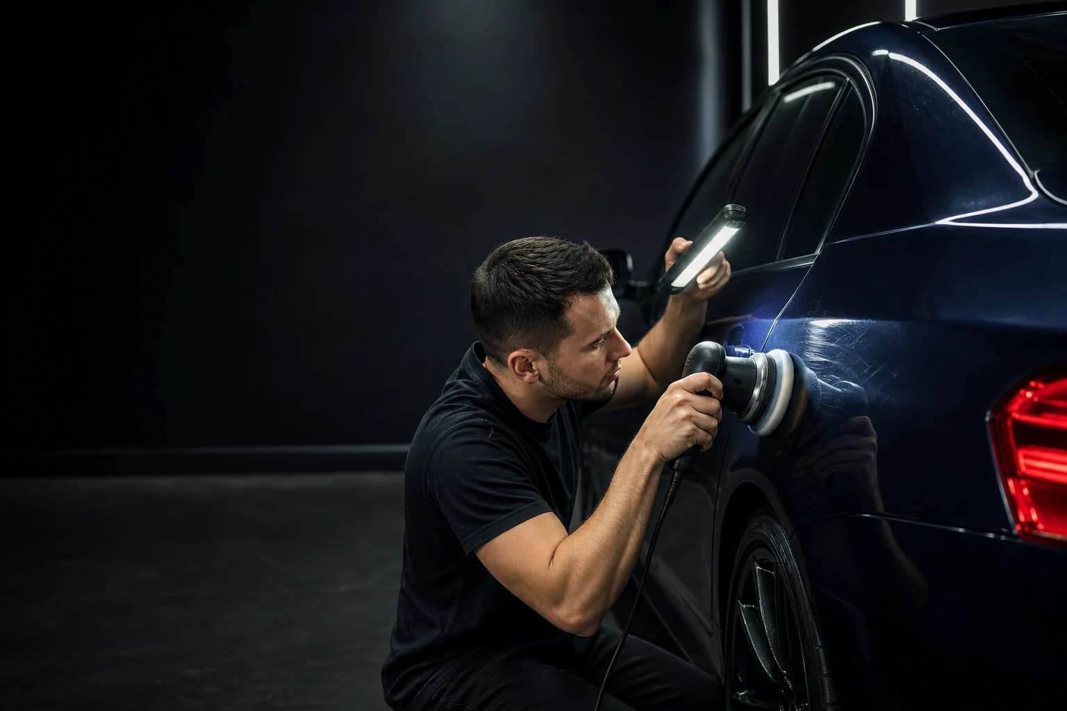 Paint correction specialist polishing a dark blue rear quarter panel under an inspection light